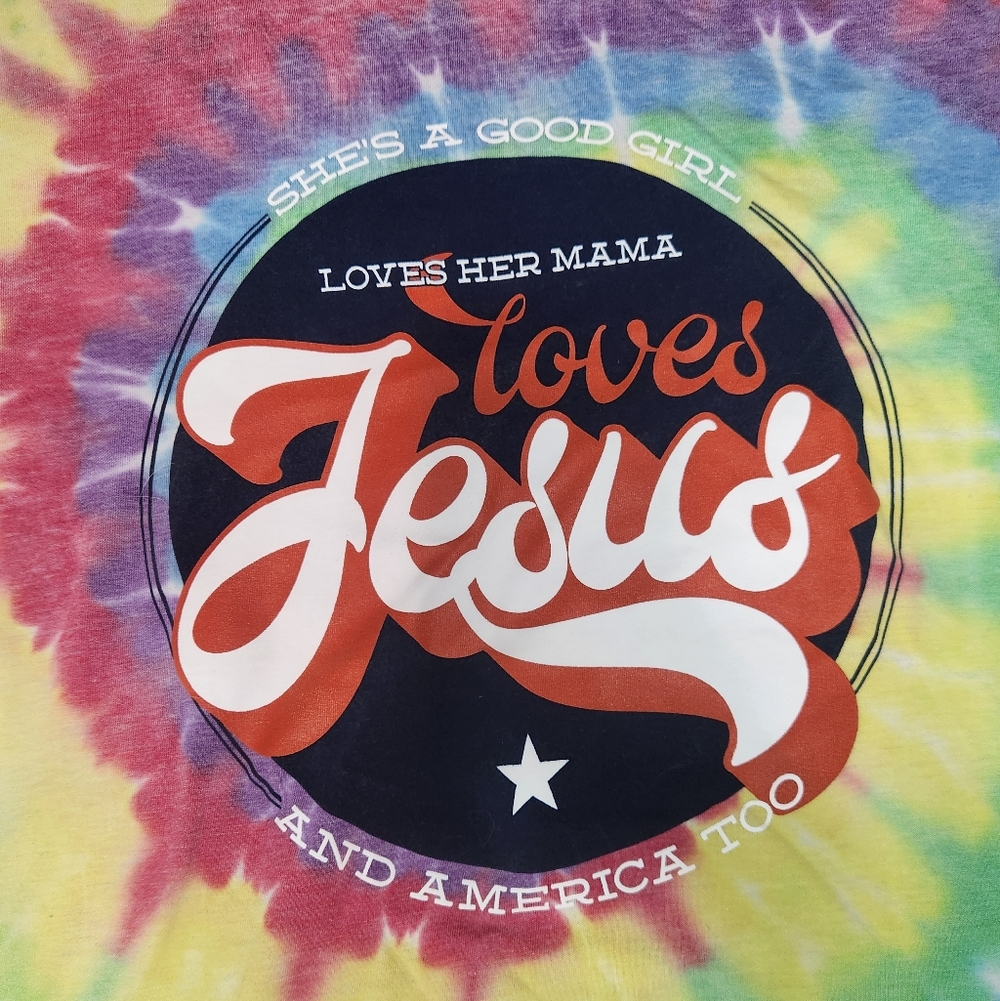 She Loves Jesus and America too Tie-Dye Graphic Tshirt Size Medium